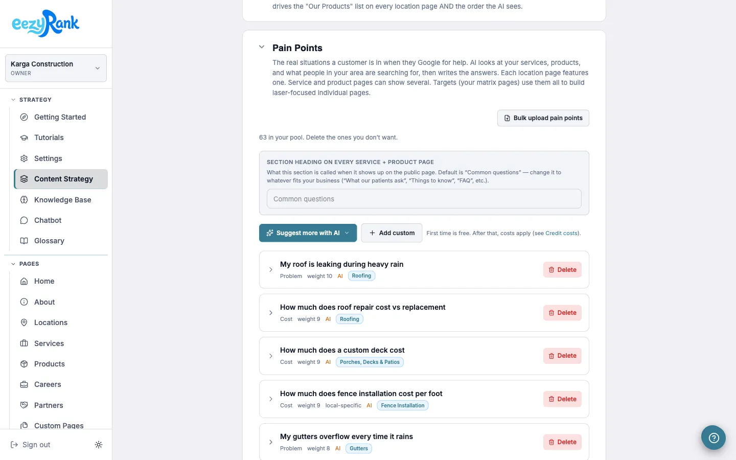 eezyRank dashboard listing real customer problems the site will answer
