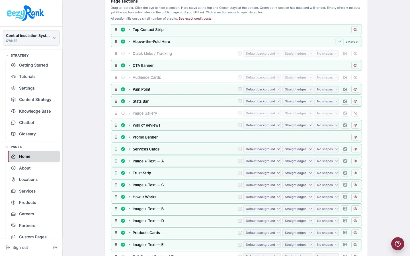 eezyRank page editor with draggable sections and per-section style controls