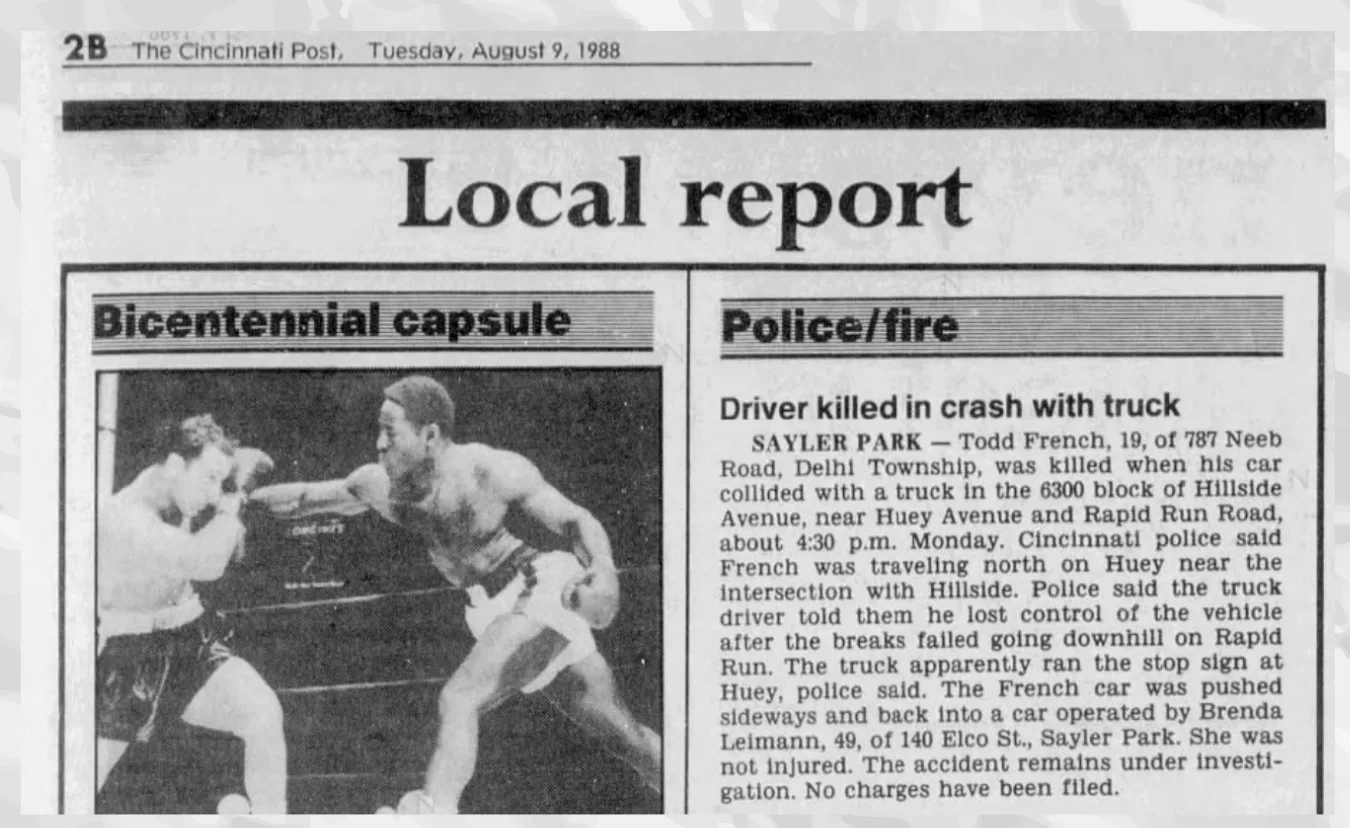 Newspaper clipping from August 8, 1988 reporting the accident